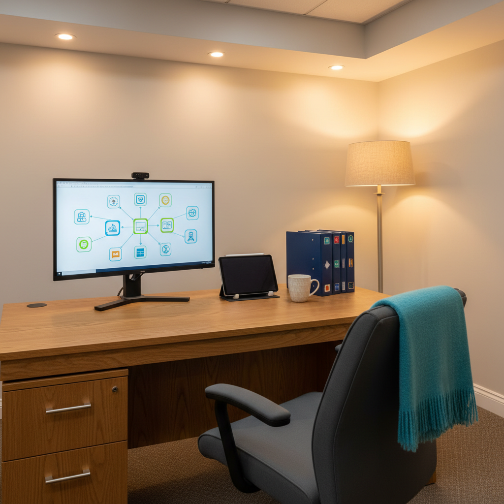 A well-organized office consultation space designed for developmental services, with a wide oak desk supporting a large monitor that displays a colorful, abstract care plan diagram with icons instead of words. Beside it sit a tablet with a stylus, a thick binder with tabbed dividers, and a ceramic mug. Nearby, an empty ergonomic armchair faces the desk, with a soft teal throw folded over the back. Warm, indirect ceiling lighting and a floor lamp in the corner cast gentle, even light, creating a professional yet inviting mood. Photographic realism at eye level, with balanced composition and crisp focus throughout, highlighting the careful coordination of Medicaid waiver services and individualized planning.