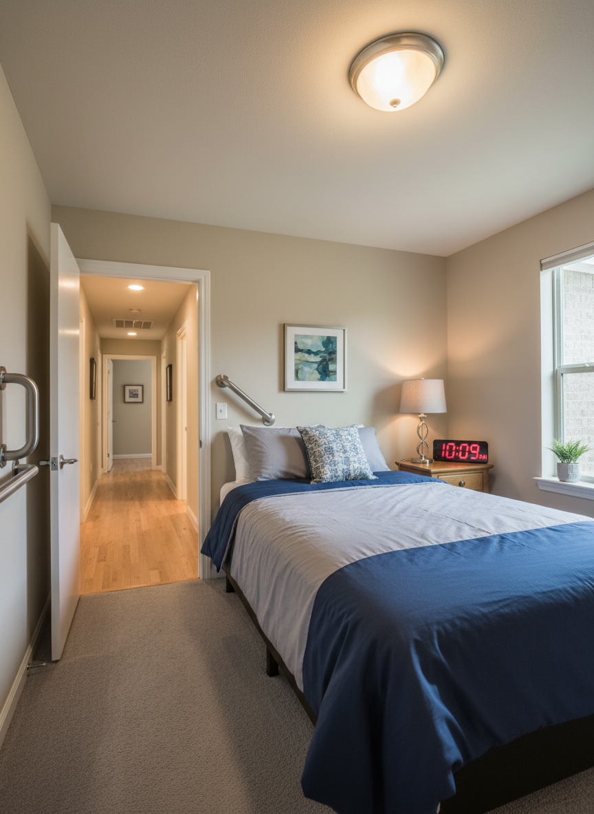 A tidy residential bedroom configured for supportive living, with a height-adjustable bed neatly made in soft gray and navy linens, a grab bar securely mounted beside it, and a bedside table holding a digital clock with large numbers, a lamp with an easy rocker switch, and a small framed abstract artwork. A sliding door in the background opens to a hallway with smooth, unobstructed flooring. Warm, diffused ceiling lighting and a hint of ambient daylight from a side window create a soothing glow. Photographic realism at eye level, with a balanced, symmetrical composition emphasizing safety, dignity, and comfort for adults receiving Medicaid waiver services in North Texas and Houston.