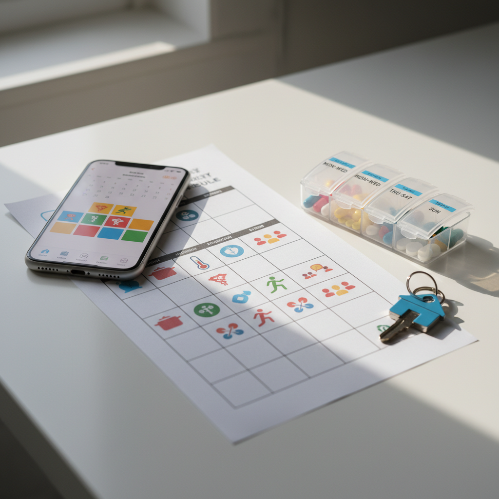 A detailed close-up of a personalized weekly support schedule laid out on a smooth white desk, illustrated entirely with colorful icons and simple shapes instead of text, representing activities like cooking, health appointments, exercise, and social outings. Around the schedule sit a smartphone with calendar app open, a set of labeled pill organizers with clear lids, and a key ring with a small house-shaped key fob, symbolizing independent living support. Soft morning window light from the left creates gentle shadows and delicate reflections. Photographic realism with a shallow depth of field keeps the schedule in sharp focus while softly blurring the edges, conveying structured, tailored Medicaid waiver services that are easy to understand and follow.